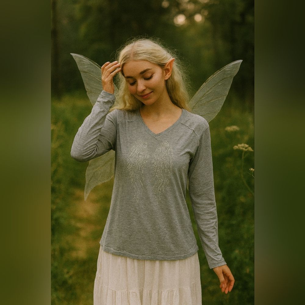 Angel Wings T Shirt Grey 2X L/S Fairycore Ethereal Modest Church Religious Chris
